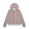Women's grey cotton hooded cardigan with retro autumn pattern and long sleeves