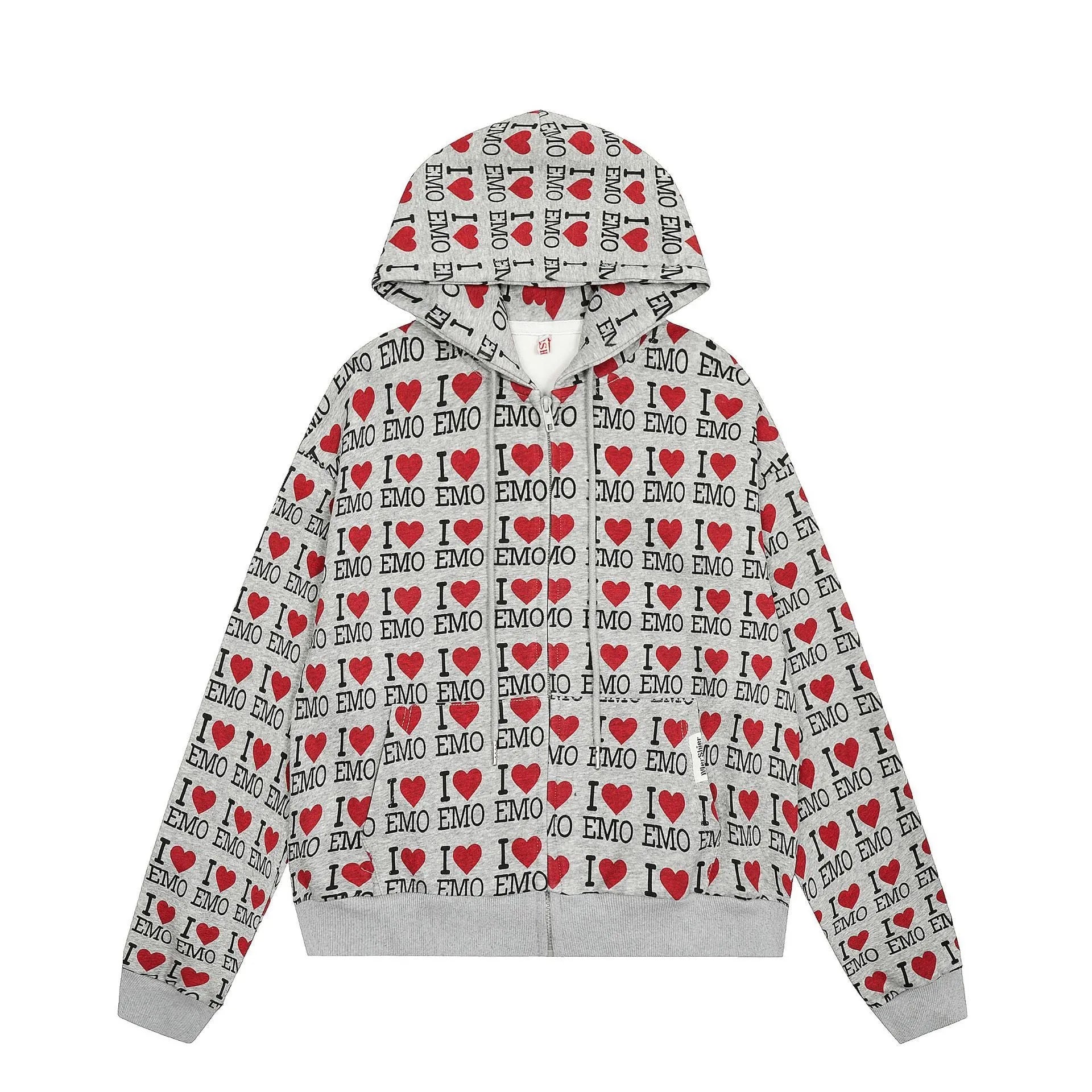 Women's grey cotton hooded cardigan with retro autumn pattern and long sleeves