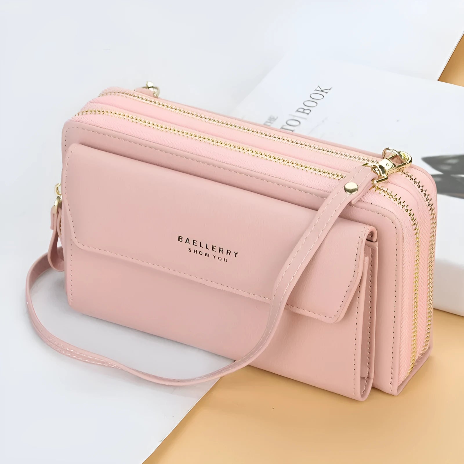 Soft PU leather ladies long wallet messenger bag in a choice of six colours with double zipper.