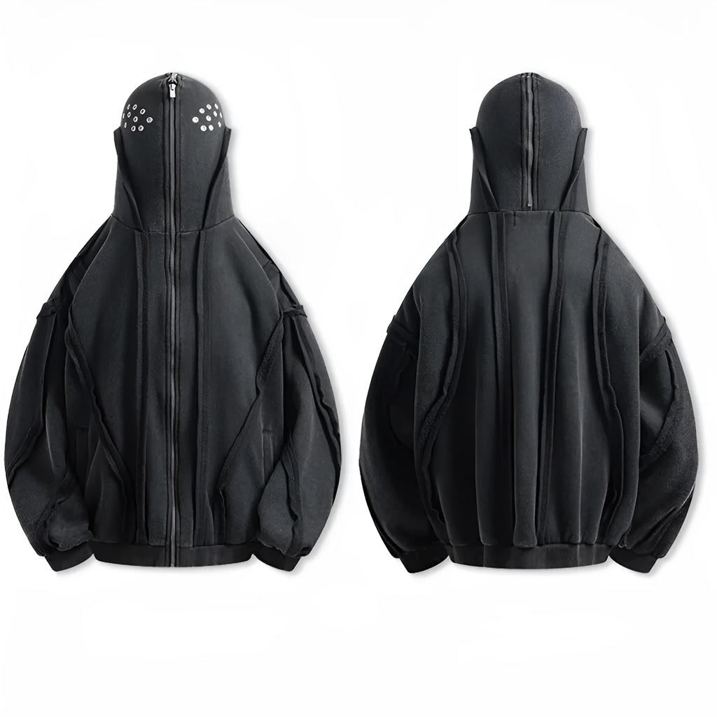 Black retro-style loose fit cotton cardigan coat with zip front, hood, and abstract pattern.