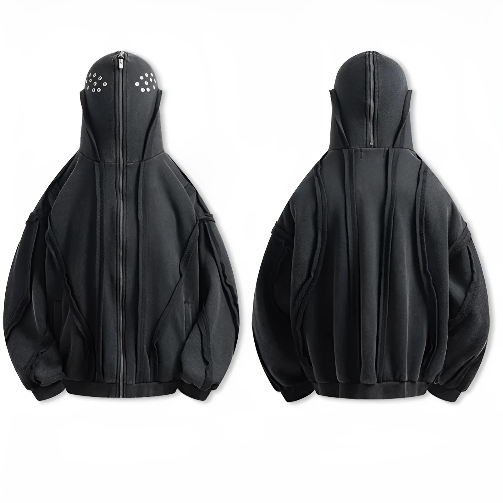Black retro-style loose fit cotton cardigan coat with zip front, hood, and abstract pattern.