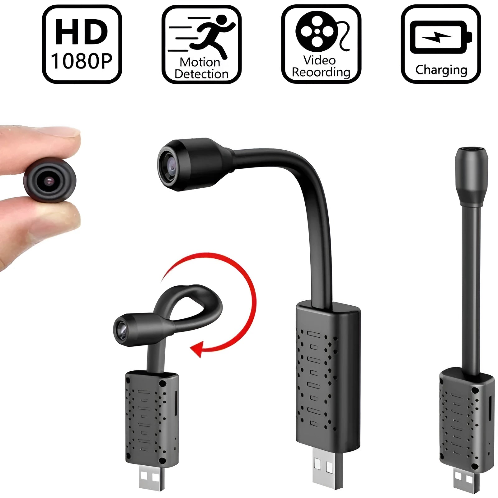 Black V380 wireless USB HD camera showing compact 158mm length on a plain surface.