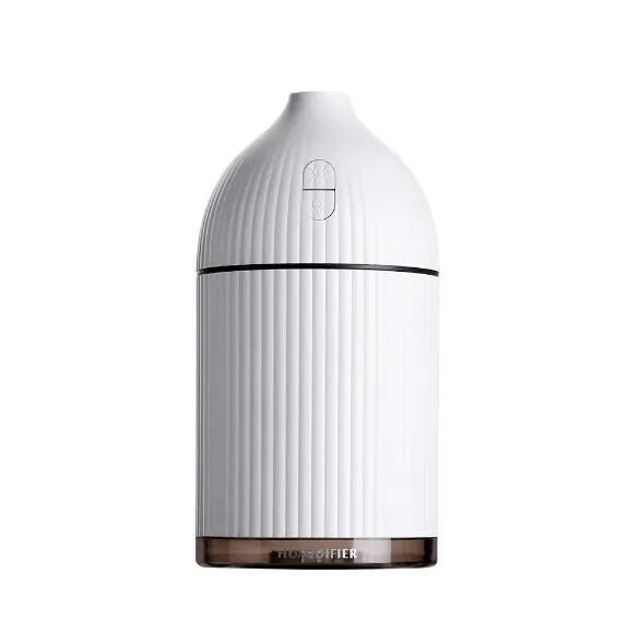 White cylindrical ultrasonic aromatherapy diffuser with LED light and 300ml water capacity.