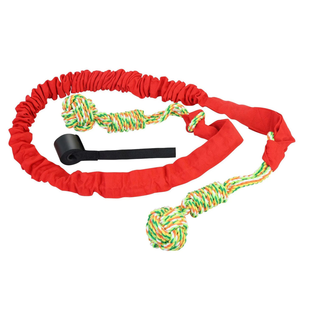 Woven cotton dog tug of war rope toy in black, grey, or red for chewing and interactive play.