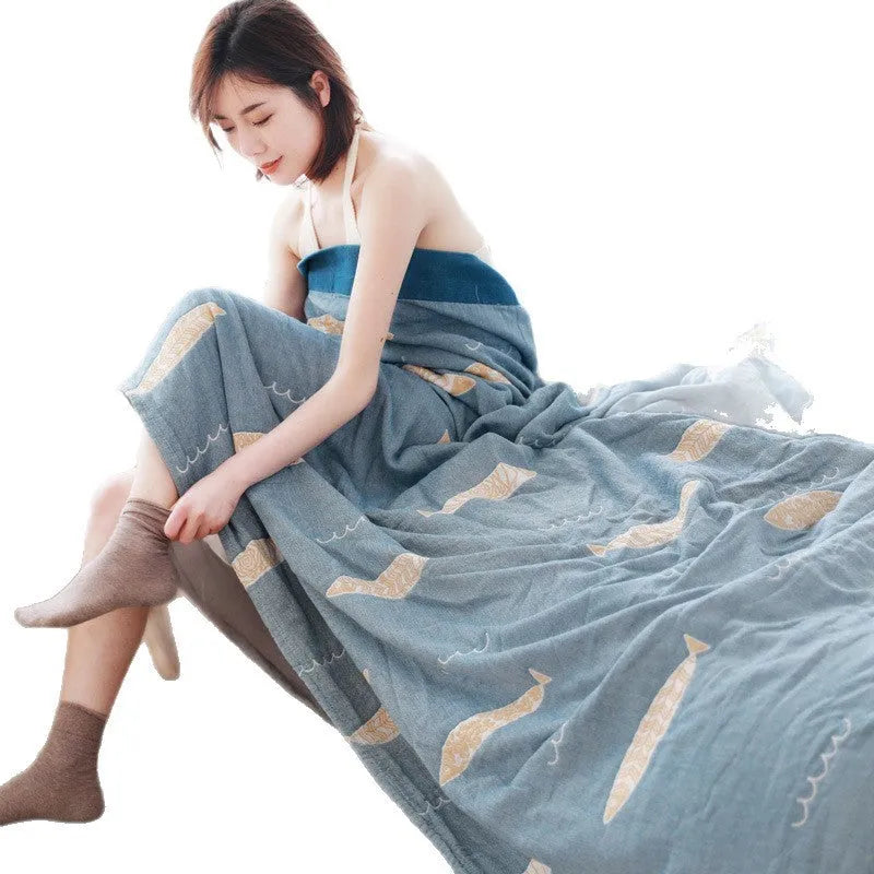 Pure cotton five-layer gauze bedspread blanket with Roulette Wheel Blue reactive print in modern simplicity style.