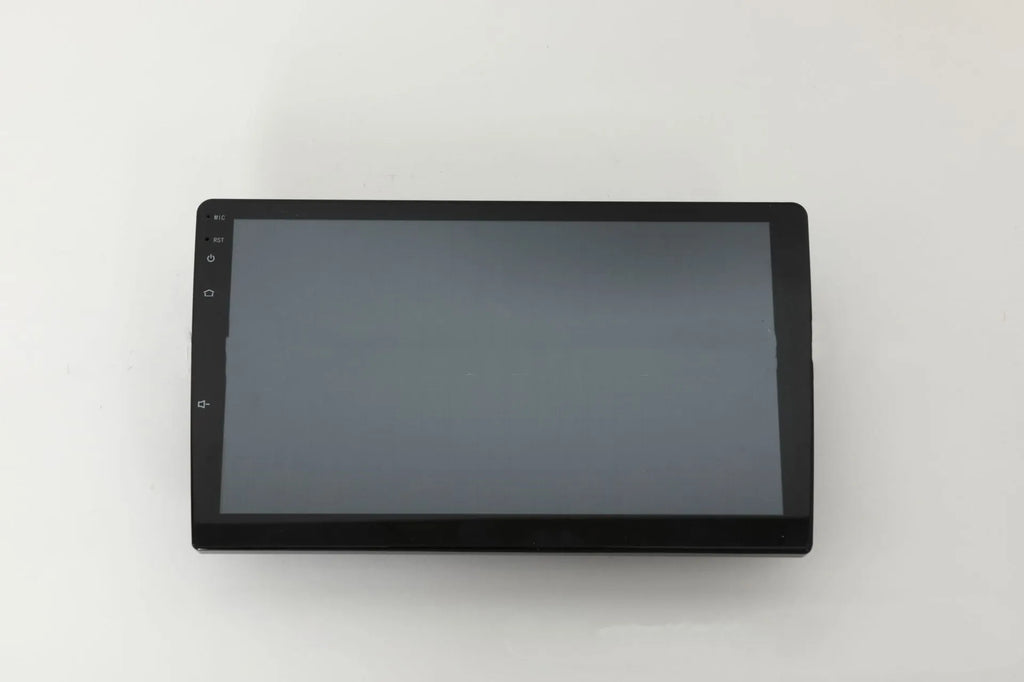 Black 10.1 inch Android car stereo touchscreen head unit with GPS antenna and connection cables