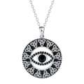 Close-up of a copper Devil's Eye pendant necklace on a cross chain for women.