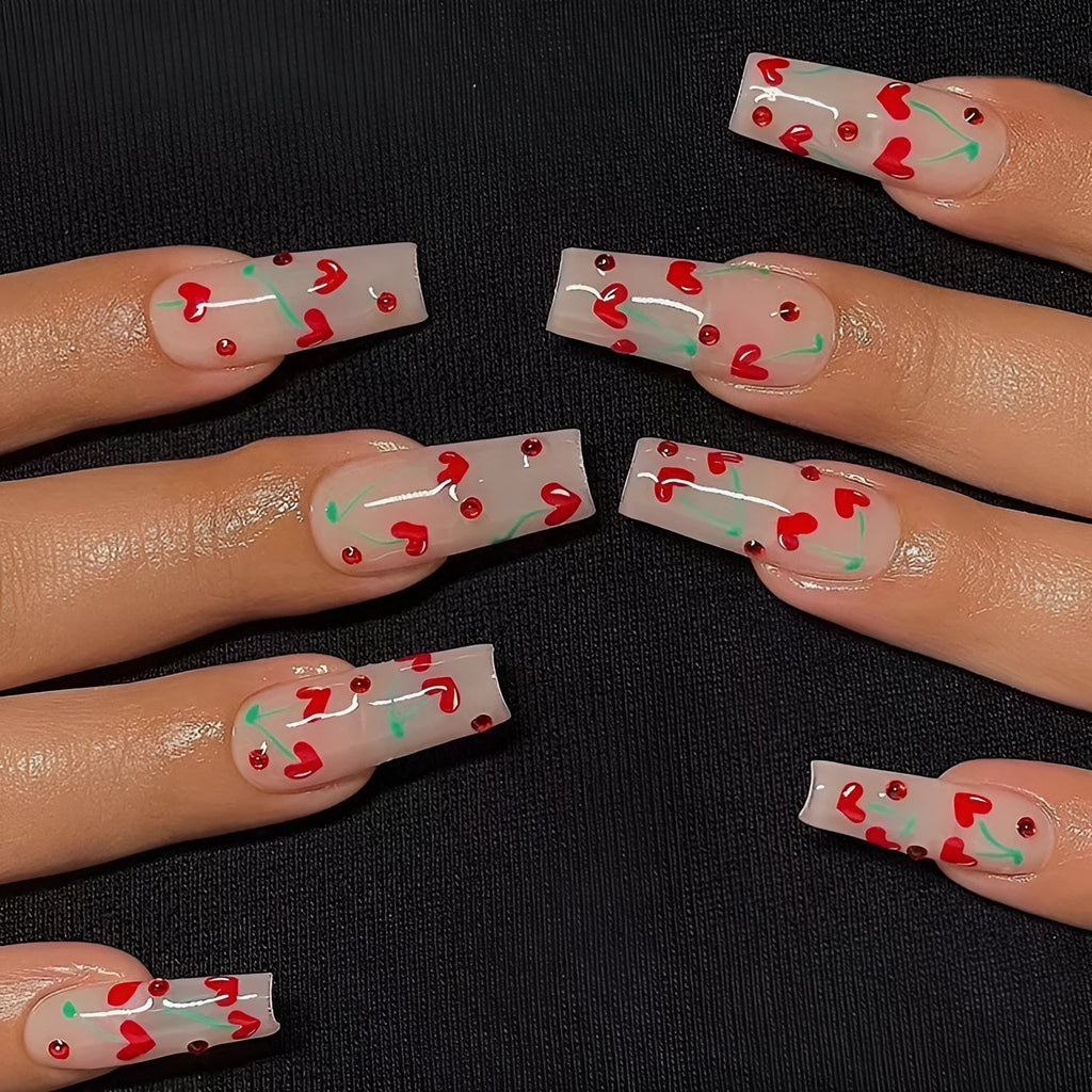 French love red cherry blossom and diamond nail armour patches set with glue, JP1601 style.