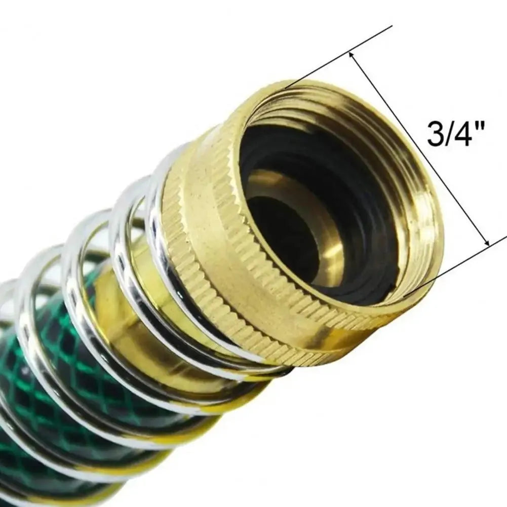 Brass garden hose connector with visible spiral spring, 15 cm long with 3/4 inch threaded fittings