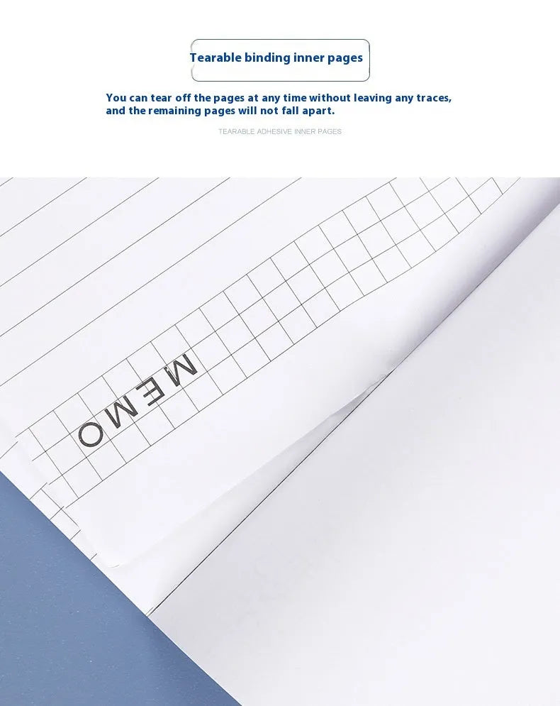 A4 tear-off meeting minutes notebook with wireless adhesive binding showing ivory white grid pages