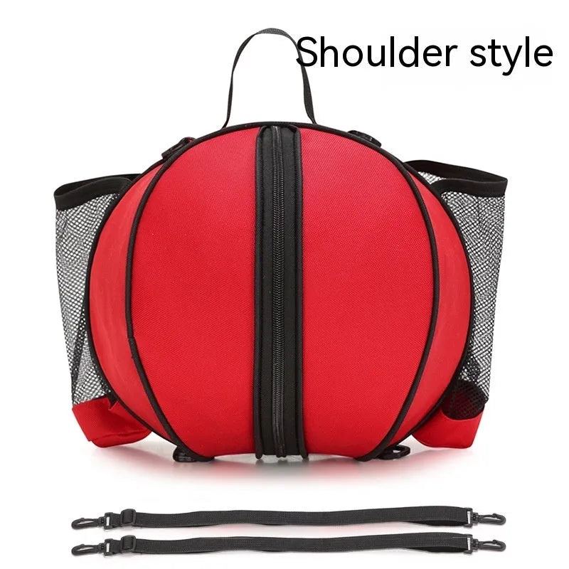 Black Oxford cloth basketball bag with one shoulder strap, shown next to a basketball.