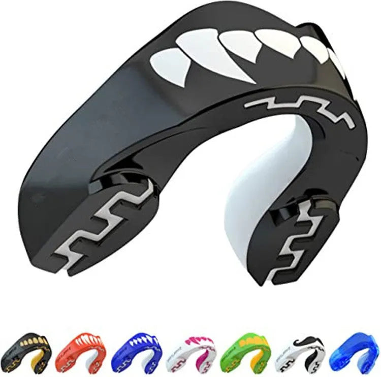 Adult boxing mouthguard with tooth socket design and printed teeth pattern in three colour options
