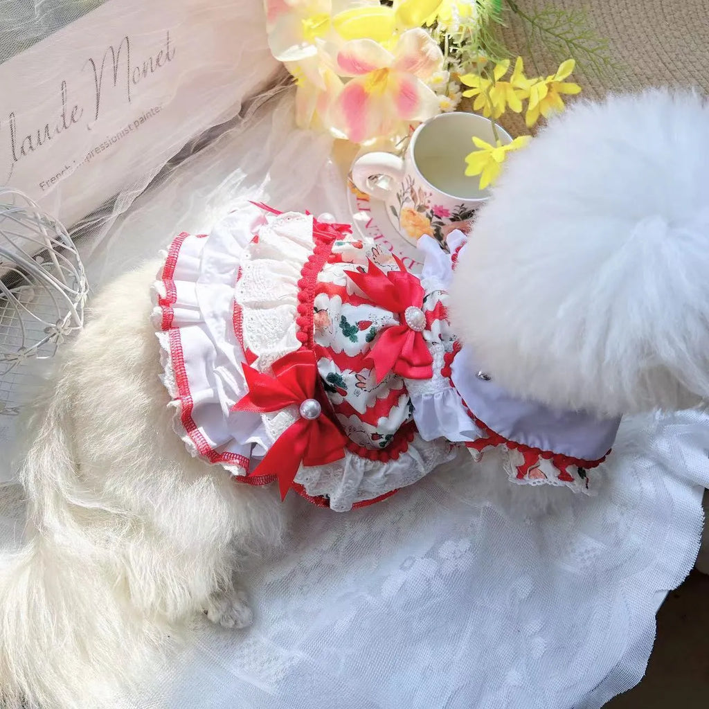 Small dog wearing princess-style rabbit skirt costume in polyester fabric