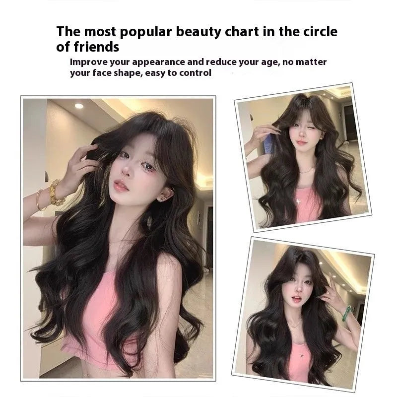Ladies black 65cm big wave high temperature fiber wig set for crown volume increase