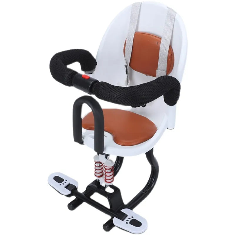 Front baby battery scooter safety seat with steel frame in black, red, or white