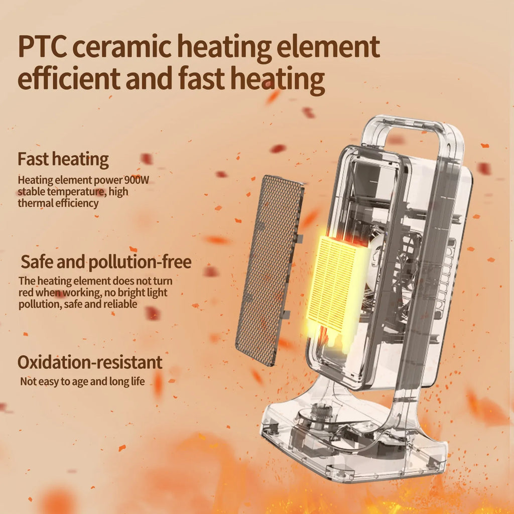Black PTC ceramic desktop heater with knob controls measuring 14.9cm wide