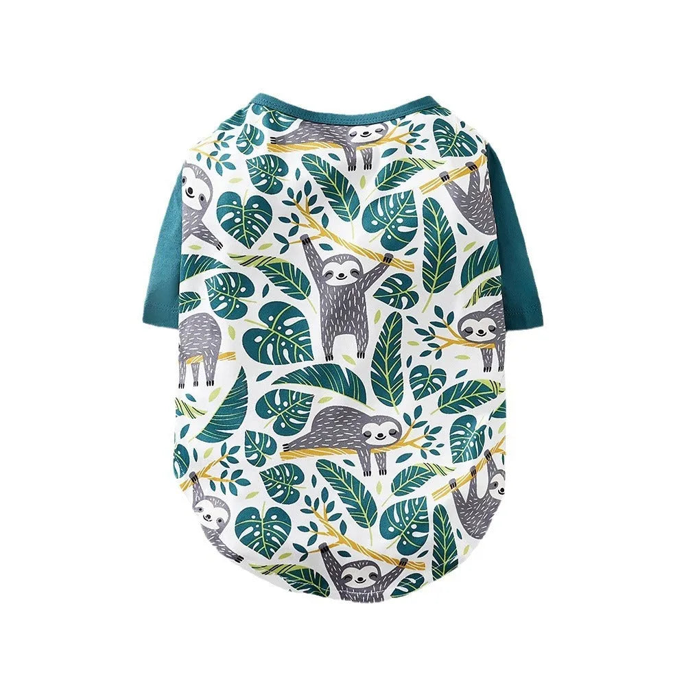 Polyester dog t-shirt with full-body printed design shown in multiple colour options and sizes