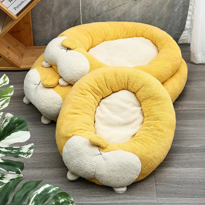 Corgi shaped plush pet bed for dogs and cats in three size options