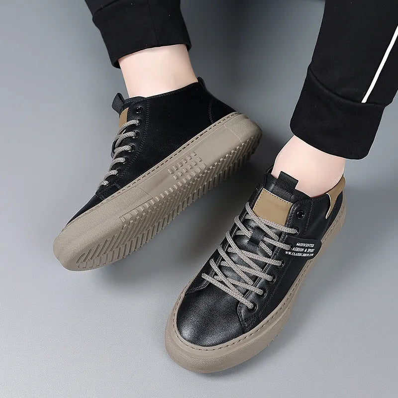 Men's sports casual leather white shoes with round toe, front lace-up, and rubber sole, mid-top design