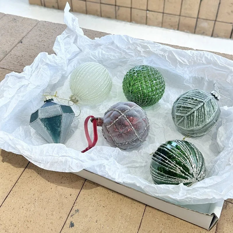 Handmade glass Christmas ball pendant ornament, 8cm diameter, green color, on tree branch