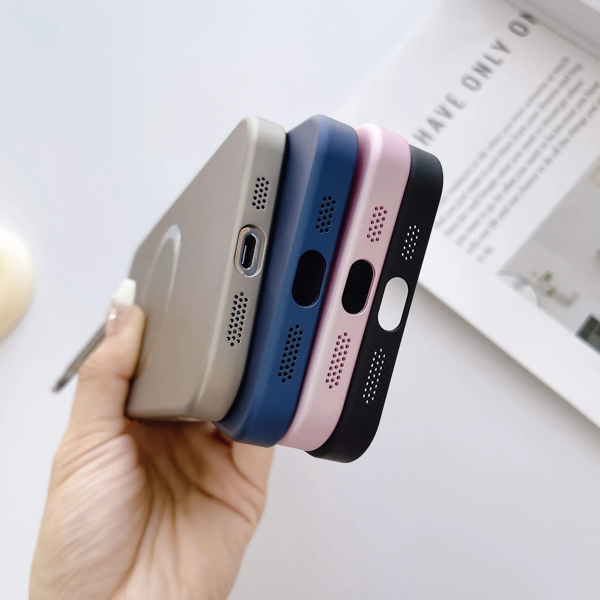 Frosted magnetic bracket phone case in black for iPhone 15 Pro Max with lens protector