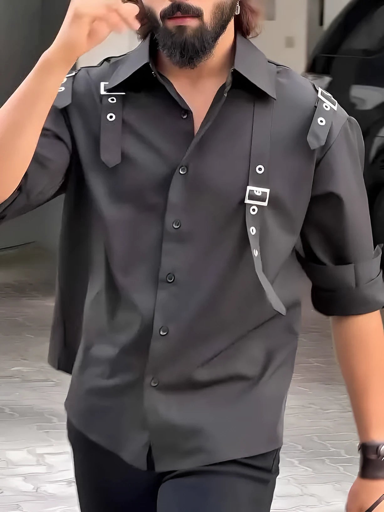 Men's black utility-style button-up shirt made from polyester fabric, showing regular fit.
