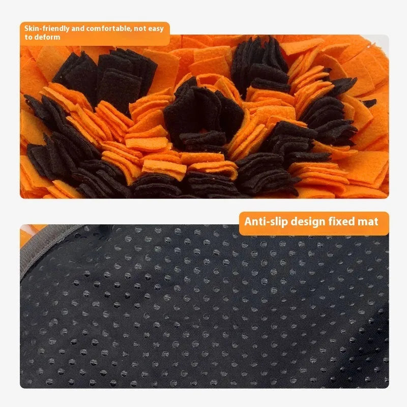 Orange pumpkin-shaped pet smell mat made of polar fleece for dog training and slow feeding.