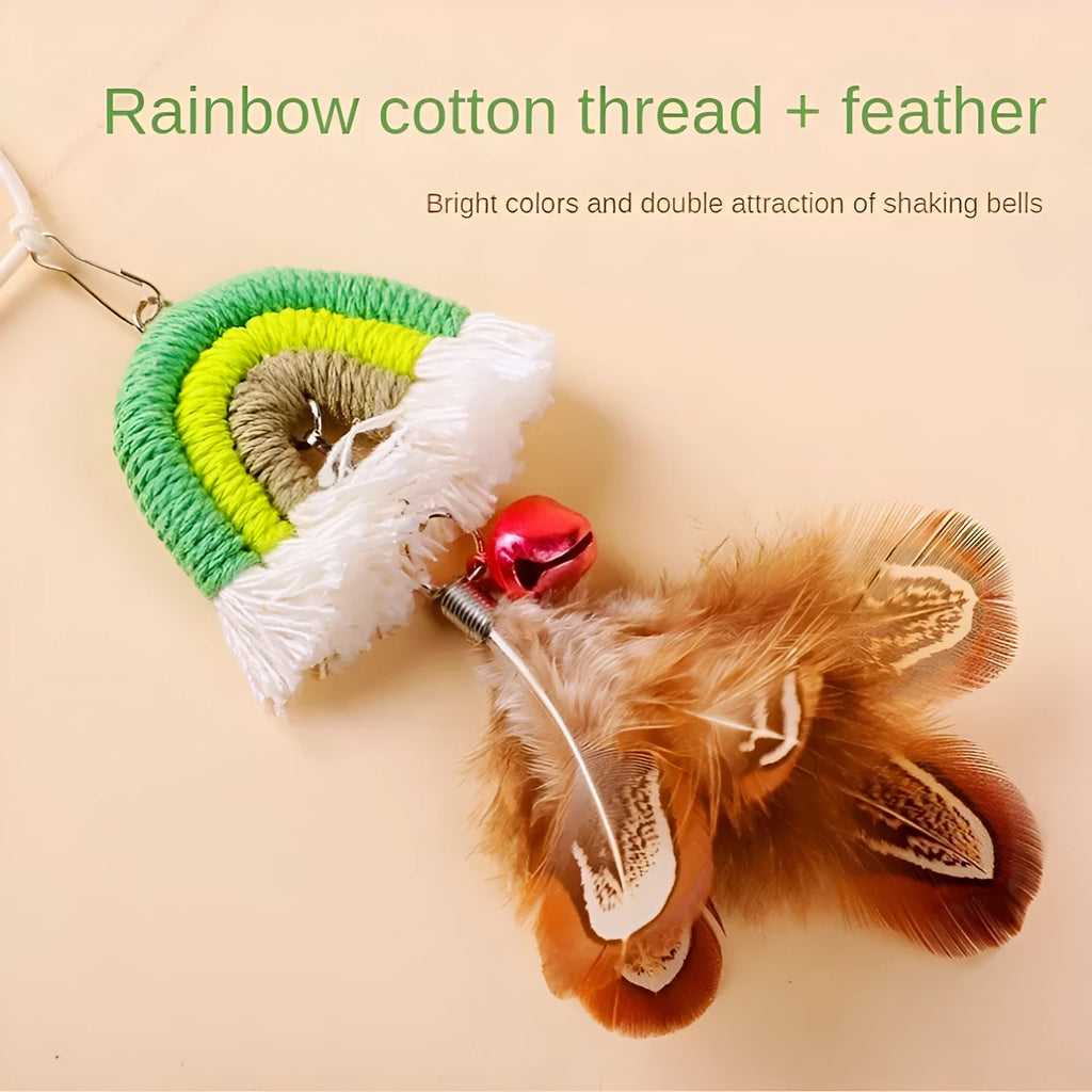 Feather cat rope door hanging toy with elastic swing and sticky buckle clamp in rainbow colours