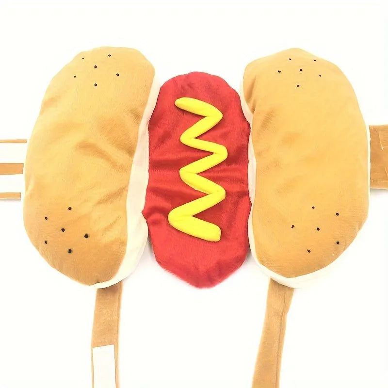 Brown and beige stuffed hot dog dog costume outfit on small dog for winter clothing and party cosplay