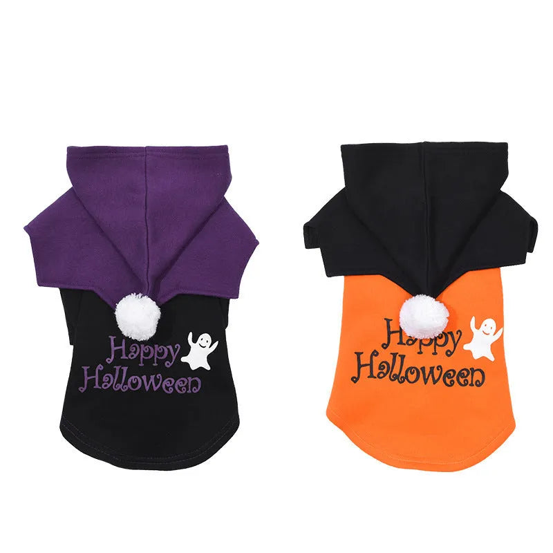 Black and orange Halloween pumpkin print two-piece dog sweater and shawl costume