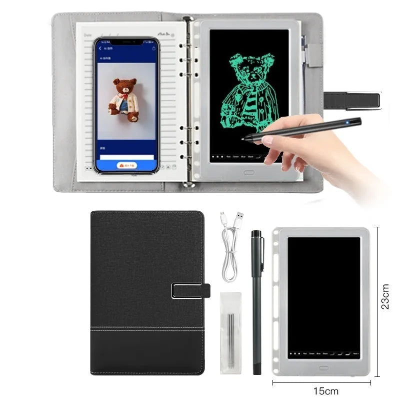 85-inch black electronic writing pad with stitching design and smart pen on a desk