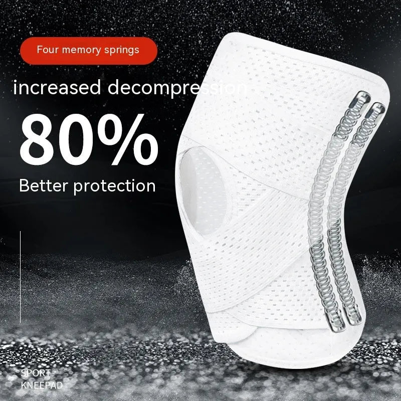 Black mesh knee protective sleeve for meniscus and patellar injury recovery on an adult leg.