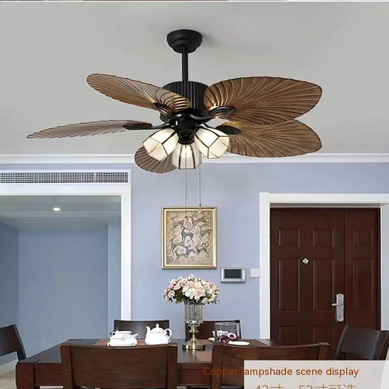 52-inch retro ceiling fan light with integrated lamps and wooden blades