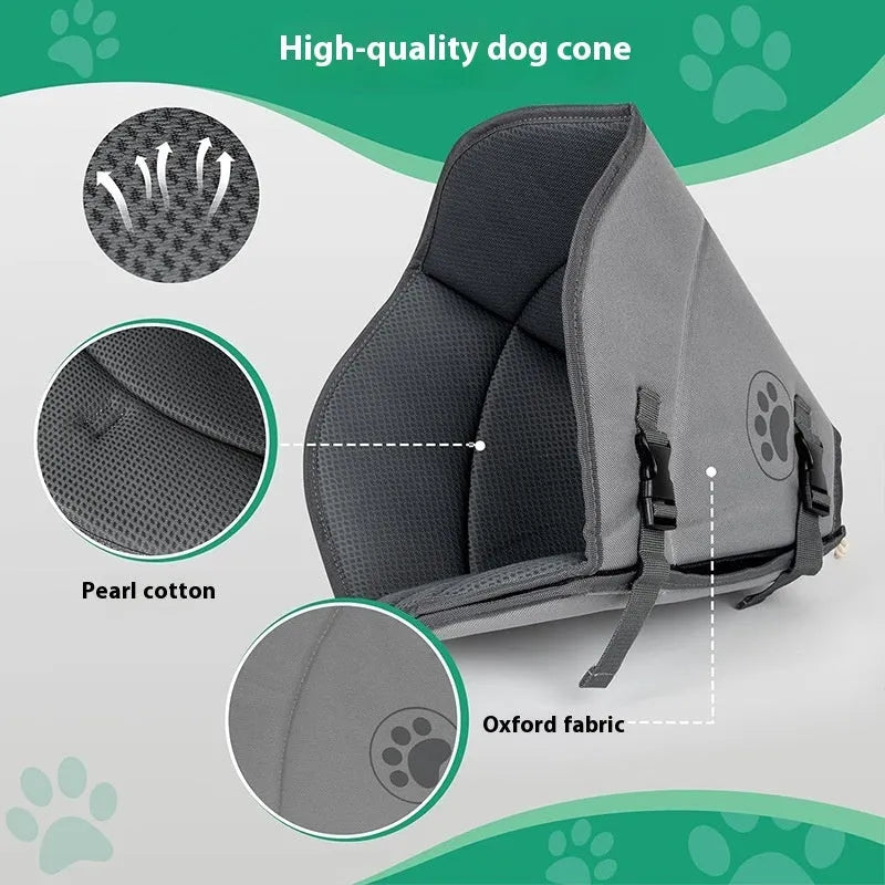 Adjustable polyester pet recovery collar in sizes L, M, XL showing single and double layer options.