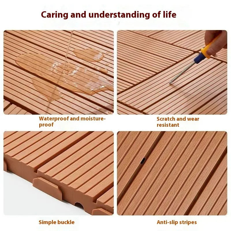 Ten wood grain finish plastic interlocking floor tiles showing their 300x300mm size and non-slip surface.