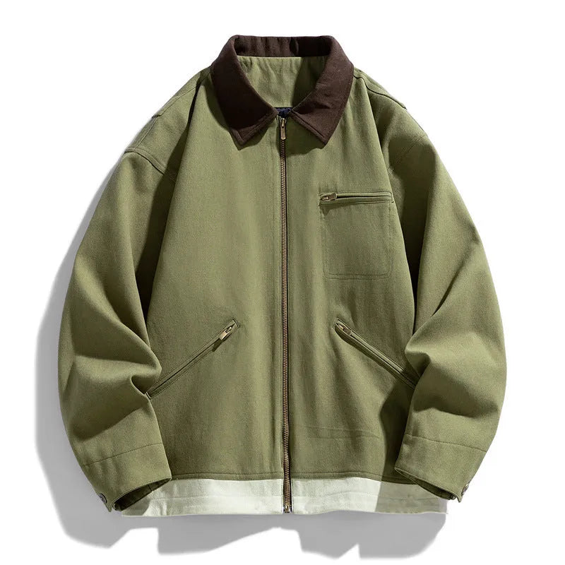 Men's Korean-style autumn jacket in loose retro workwear design with contrast lapels and side seam pockets