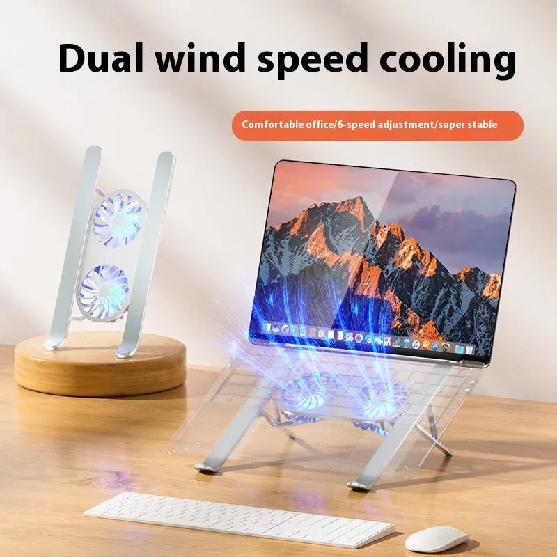 Aluminium alloy laptop cooling stand with twin fans and adjustable height mechanism in silver finish