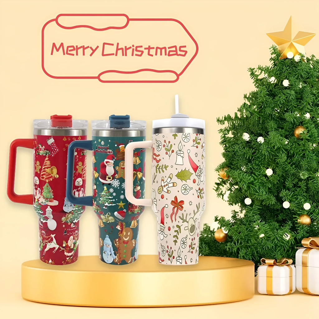 Christmas pattern stainless steel vacuum tumbler 1200 ml with lid, straw and handle on white background