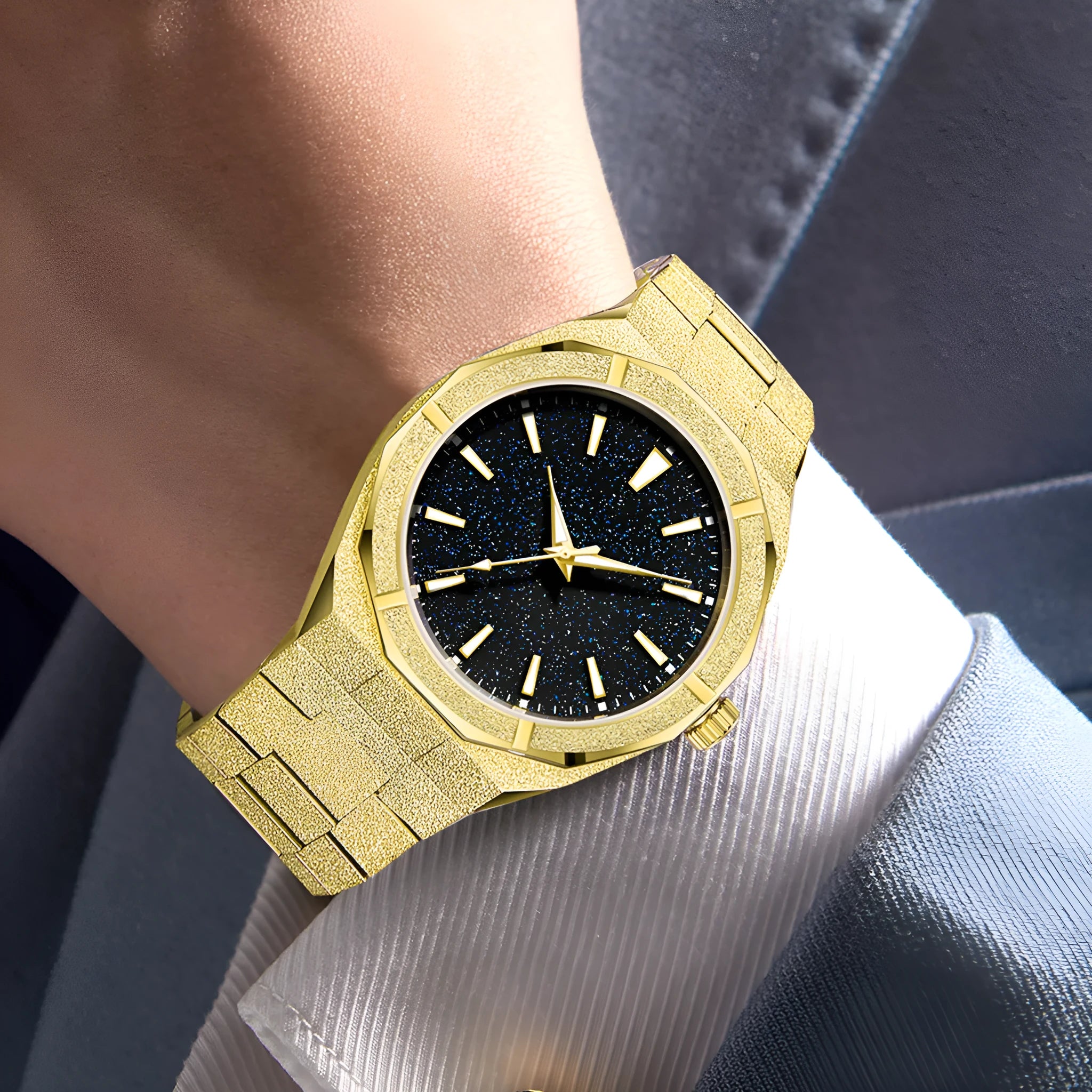Business men's watch with frosted stainless steel case and luminous hands in silver colour