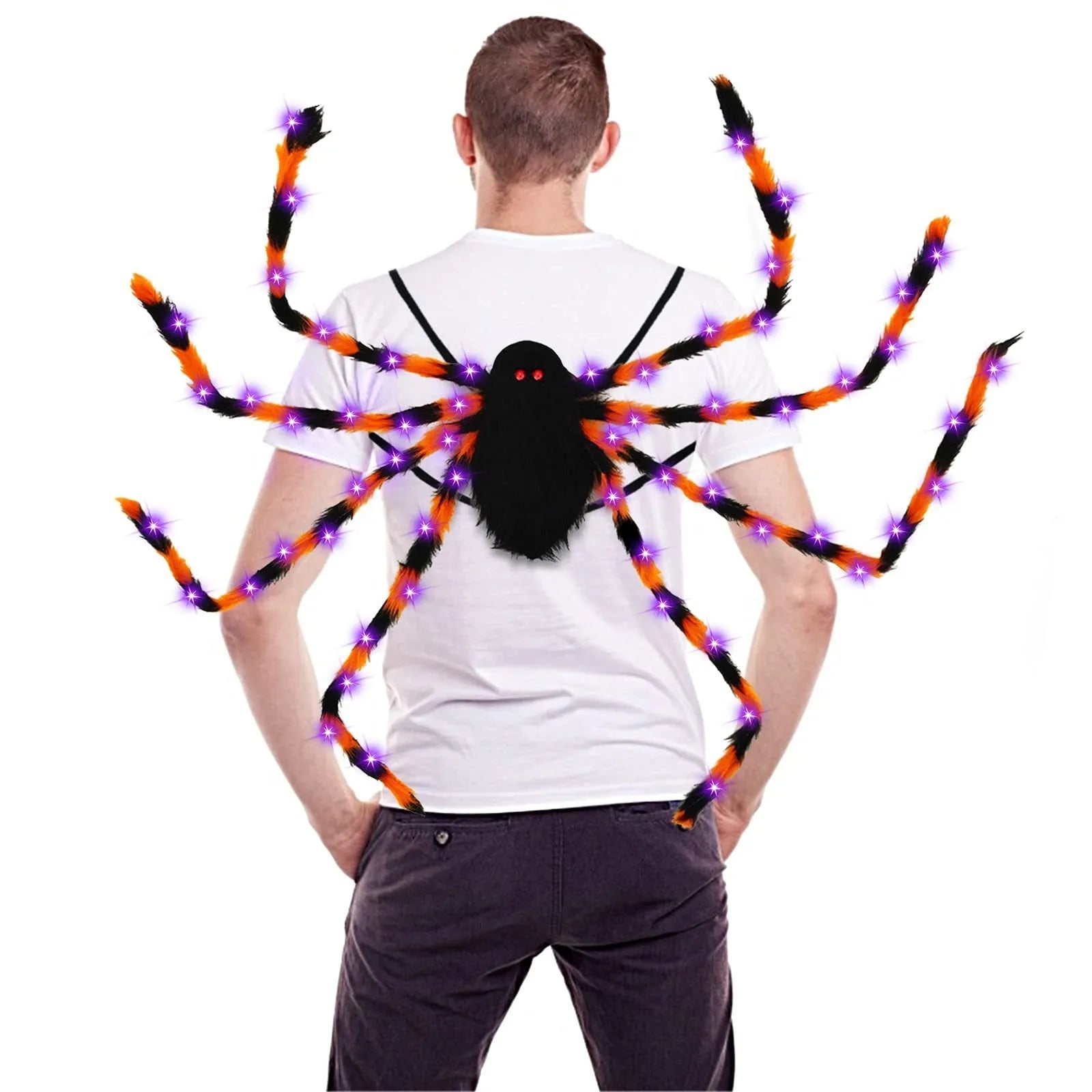 Halloween spider backpack with purple LED lights on plush sugar bag material
