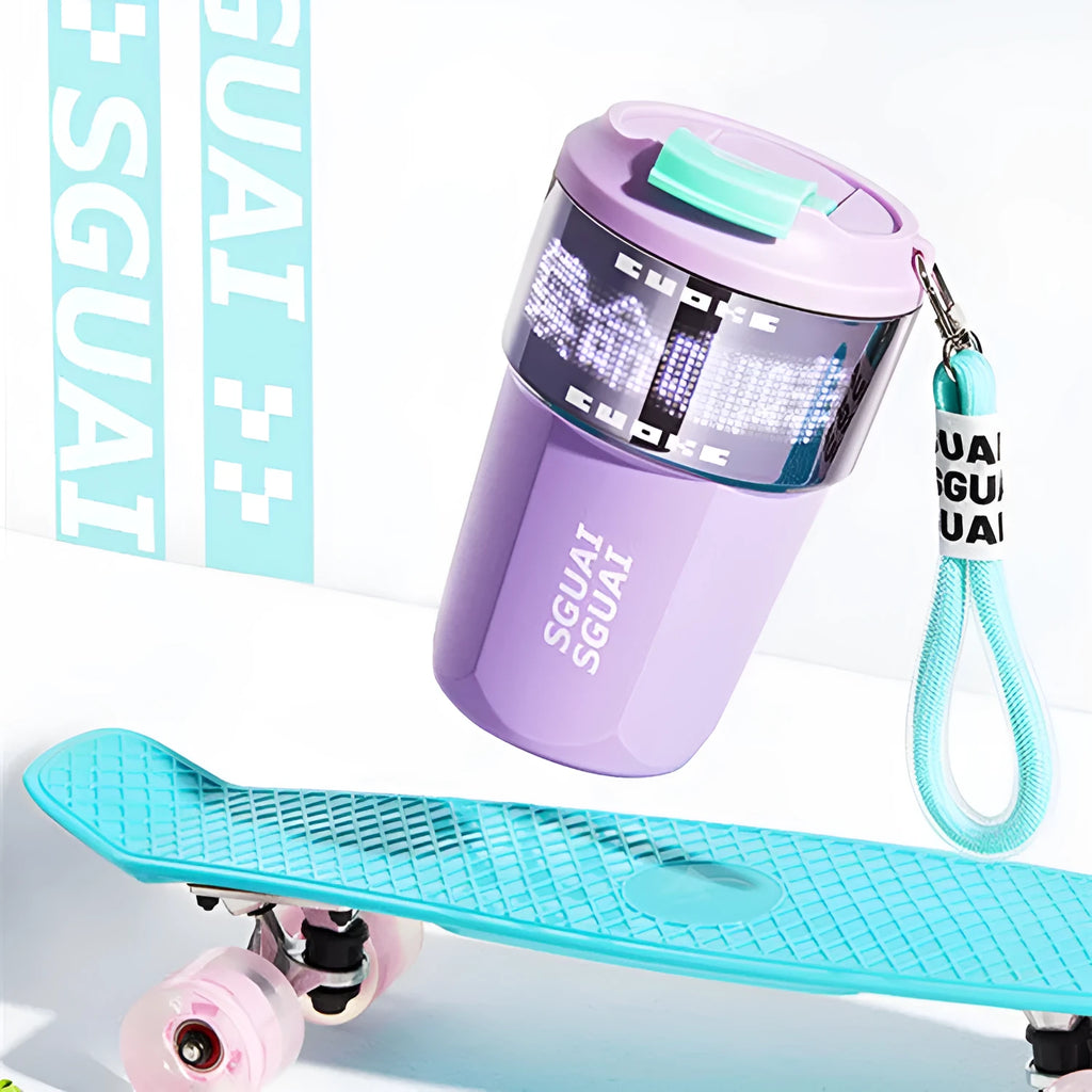 Small stainless steel portable coffee cup with Japanese-style design in blue colour