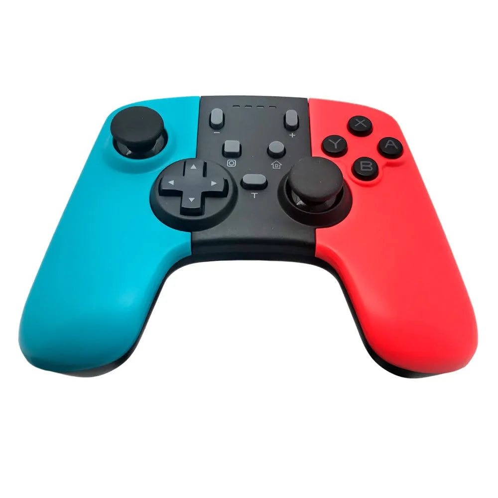 Wireless Bluetooth game controller for Nintendo Switch with analogue sticks and coloured action buttons.