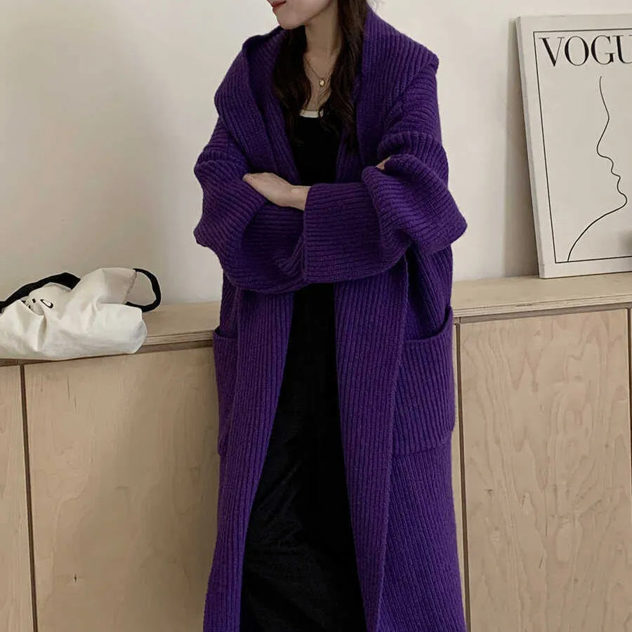 Women's acrylic fibre hooded cardigan coat with 80cm length and raglan sleeves in milky white colour