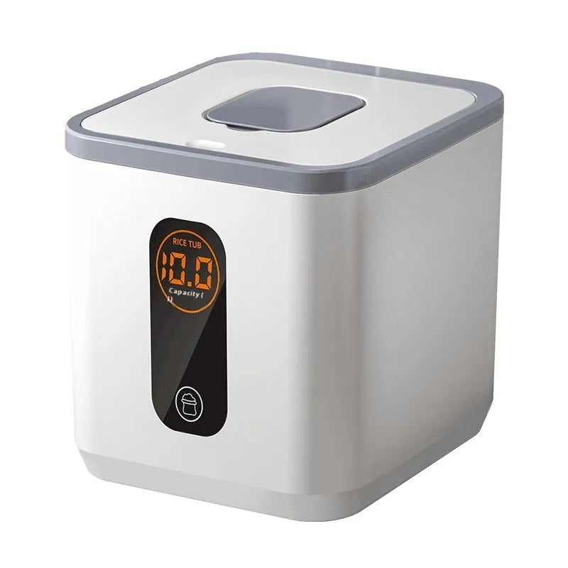 Grey plastic household rice storage jar with a measuring cup, shown in 10kg, 20kg, and 30kg size options.
