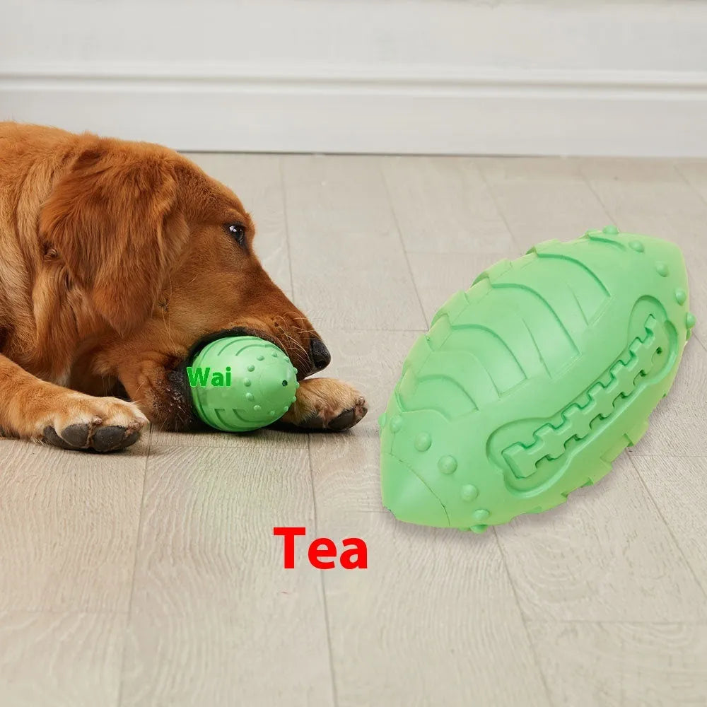 Light green thickened rubber rugby ball dog toy with textured biting surfaces