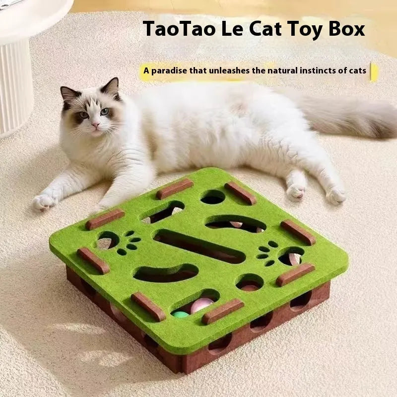 Square green brown felt cat toy box with hole for pawing play