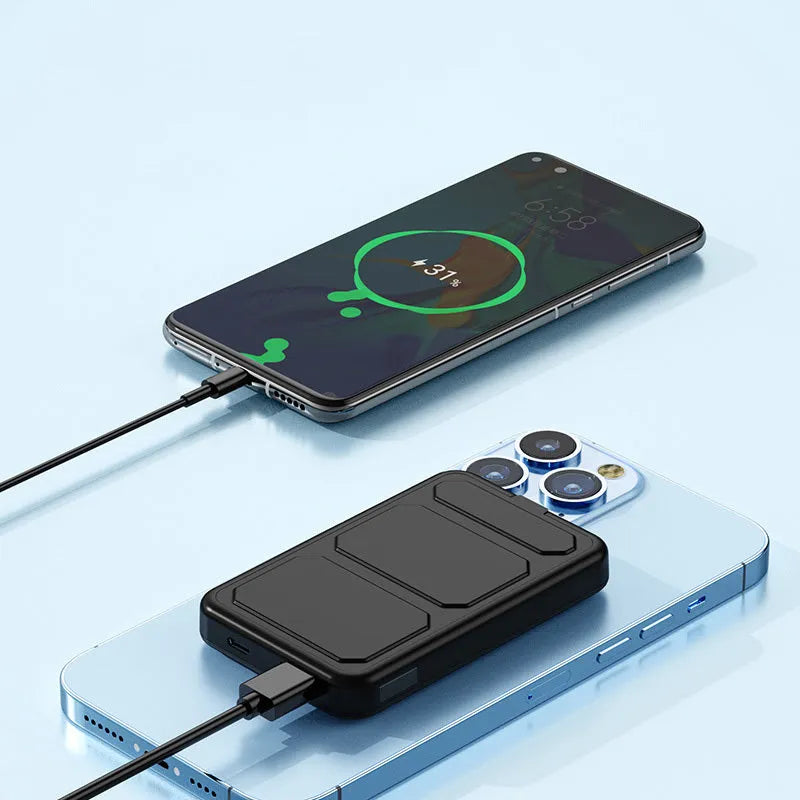Magnetic suction wireless charging power bank with folding bracket shown in navy blue colour