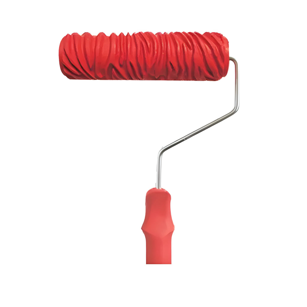 Red 7 inch paint embossing roller with rubber pattern surface for textured wall painting.