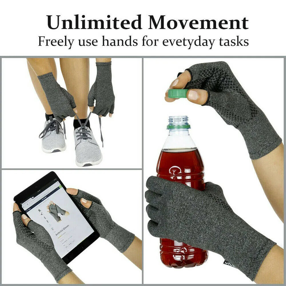 Grey half-finger joint compression gloves with anti-slip palm grip.