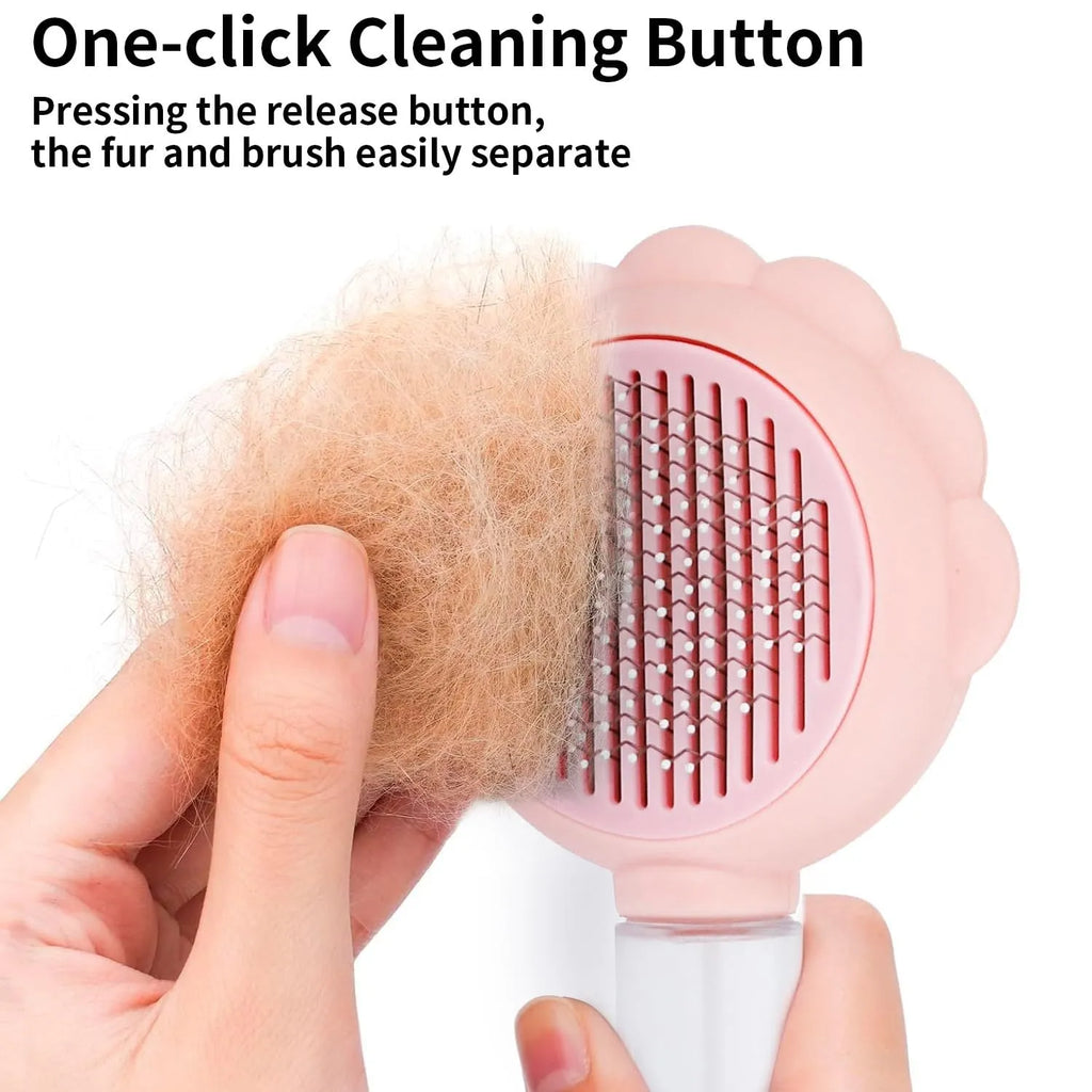 Grey spray cat brush with self-cleaning button and water spray function for pet grooming